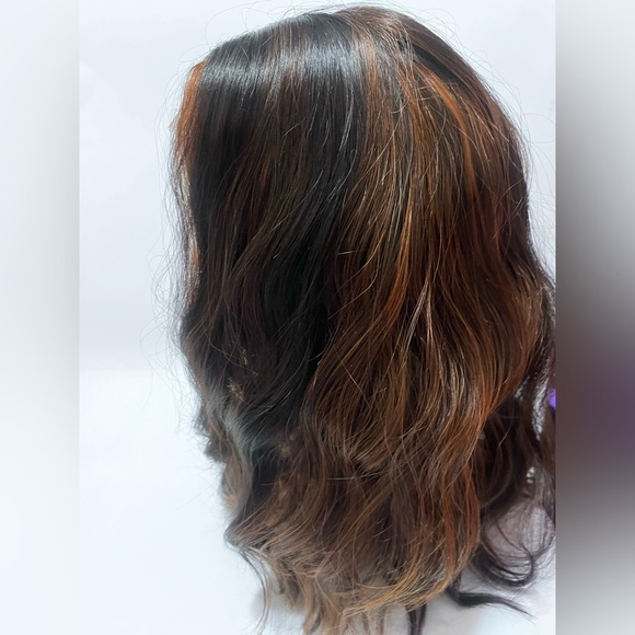 Brown Wig with Cooper Highlights Spiral Curly Lace Front Wig shoulder length - Picture 5 of 7